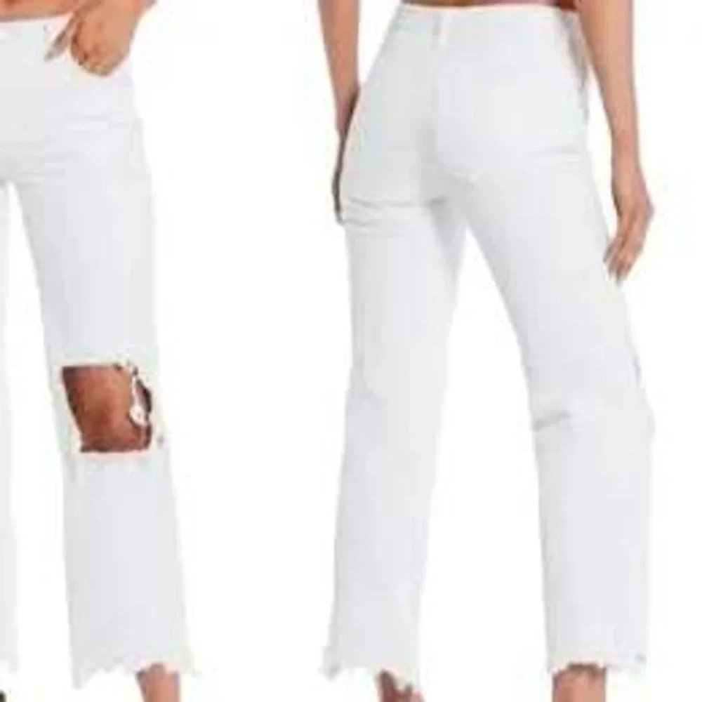 Free People Jeans Women 25 White‎ Straight Leg We Denim Raw Hem Distressed
